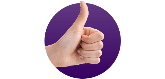 Human hand giving a thumbs up sign, within a purple graphic circle icon.