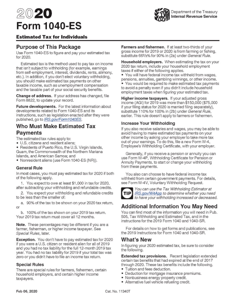 Form 1040 Es Paying Estimated Taxes