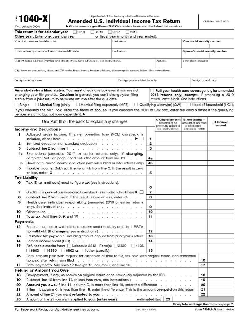 Filing An Amended Tax Return Form 1040x